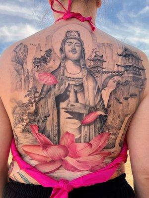 Thien Tong Vietnamese Budda with lotus flower Aaron Slachter Tattoo Artist