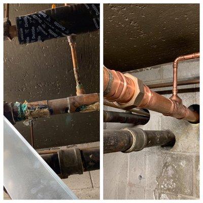 Before and after of 2" hot water line. New union and 2"T connection