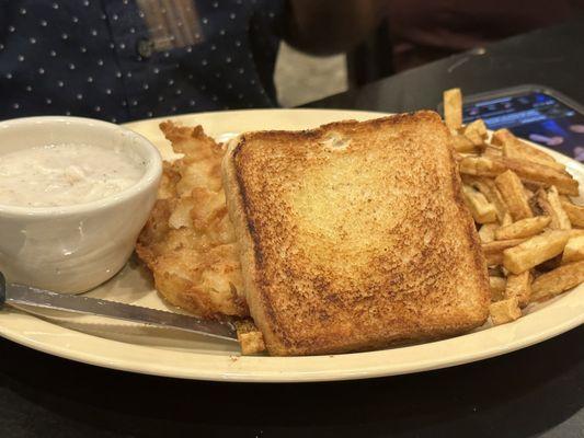 Chicken Fried Chicken with Fries..... it's huge!!  Hope you are hungry.