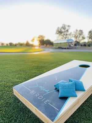 Cornhole right out by the patio with an amazing sunset view!