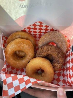 Classic glazed, sugar coated, cinnamon sugar, and plain donuts