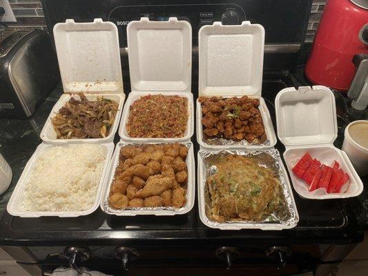 Mongolian Beef, Fried Rice Side, Almond Fried Chicken, General Tso's Chicken, vegetable Egg Foo Young