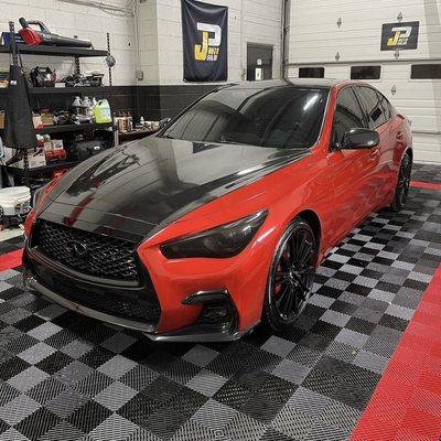 Q50 Red Sport in for full color change vinyl wrap! 3M Dragonfire Red + 3M gloss black!