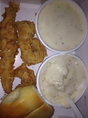 Chicken tender snack pack...and NO that is not two sides of gravy! One is mashed potatoes!!!!