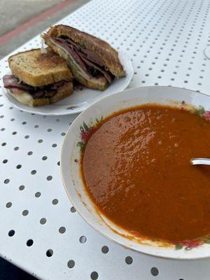 Reuben sandwich and tomato basil soup.