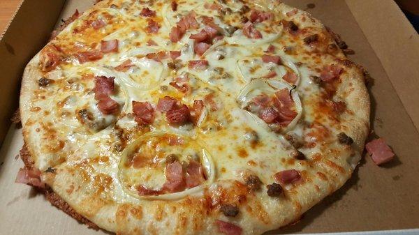 Gino's 4 Toppings 14" large Pizza $17.38 -ham, onions, sausage and extra cheese.