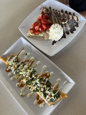 Spinach ranchero crepe and Nutella crepe