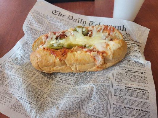 Italian sausage with cheese, peppers and marinara