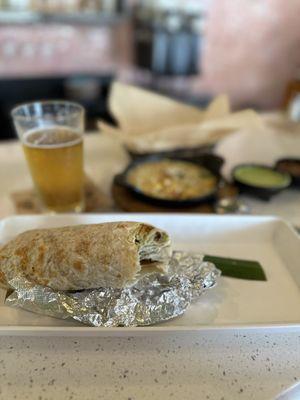 Al Pastor Burrito, Mexican Mexico City Street Corn, chips and Red Table Salsa