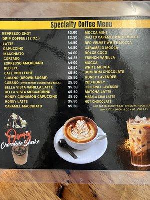 Specialty coffee menu