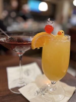 Manhattan and Rubber Ducky Cocktail (Malibu rum, creme de banana, pineapple juice, orange juice and topped with a cute rubber ducky)