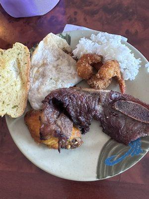 Rice, beef quesadilla, short rib. Chicken wing, and fried shrimp.