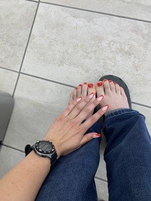 Gel pedi and gel acrylic red tips