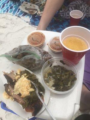 Delicious ribs, Mac and cheese, collards, hot sauce and boiled peanuts! Love was put into all of this. Thanks, Mr. I got 'Em!!