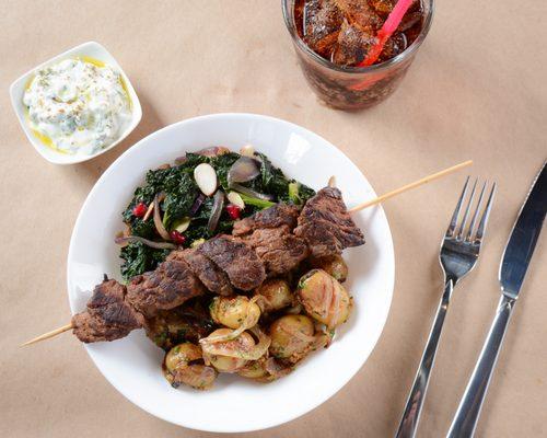 Beef Skewer Bowl - Mediterranean Potato Salad and Sautéed Kale