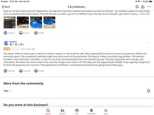 Clifton was NOT reliable and gave out our info/phone numbers and now we receive numerous unsolicited calls for unsolicited projects.