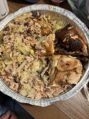 Jerk Chicken with Rice and Peas and Steamed Cabbage