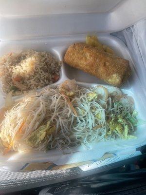 Singapore noodles lunch special with egg roll , Fried Rice & wonton