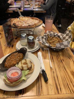 Crab cake sandwich (red onion and pineapple added) with sweet potatoes as a side. Cheese pizza , and fries