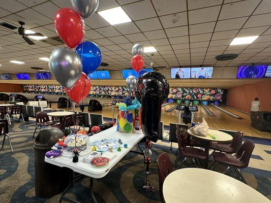 Bowling alley, table for party