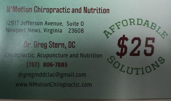 NMotion Chripractic Care business card.