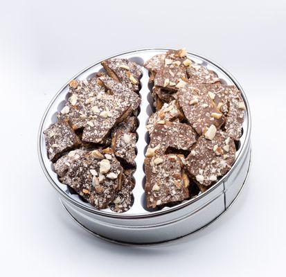 Our most popular, half milk and half dark chocolate almond toffee in a one pound reusable tin.