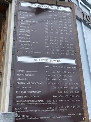 Coffee menu