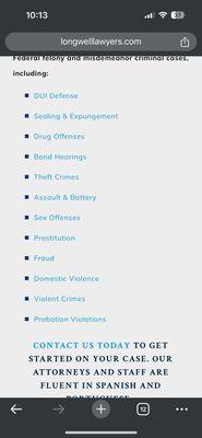 The different practice areas Longwell Lawyers handles in criminal defense law.