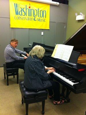 Beginning to advanced adult students study weekly with outstanding faculty in private lessons for strings, voice, winds, brass or piano.