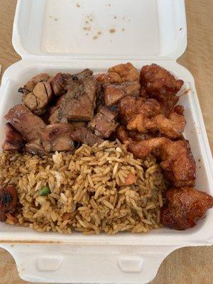 2 entree combo. Fried Rice. Bourbon chicken. Sesame chicken.