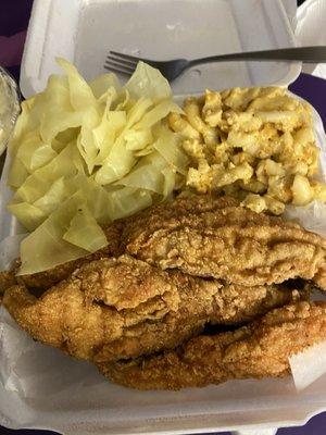 Whiting platter with Mac & cheese & cabbage