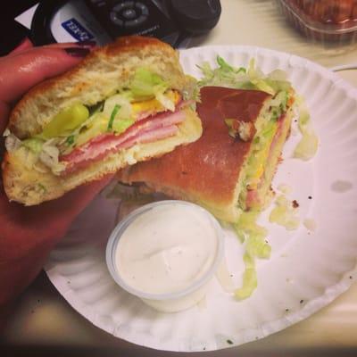 Torpedo on garlic bread with pepperoncini's and of course the best ranch dressing to dip it in!!