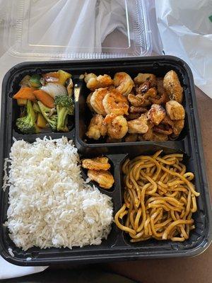 Two meat hibachi shrimp and chicken noodle steamed rice grilled veggies