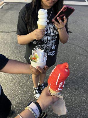 Cherry dip cone, chocolate and vanilla swirl with gummy bears and vanilla cone