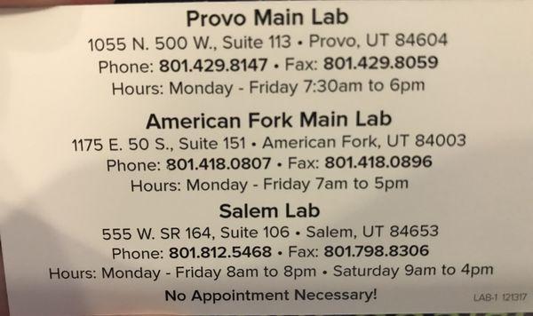 Lab locations and hours are different than dr appt