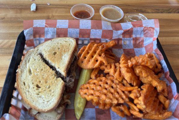 Patty melt with sweet potato fries