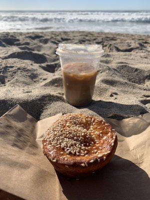 Iced vanilla latte with coconut milk + quesadilla salvadoreña