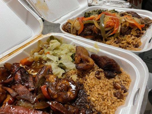 Brown stew shrimp, Rice & Peas & cabbage (left) Red Snapper w/escovitch, rice and peas & callaloo (right)