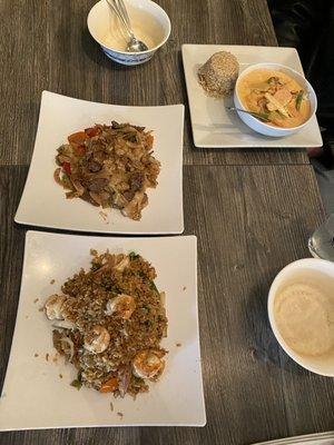 Red curry, shrimp fried rice and drunken noodles with chicken.