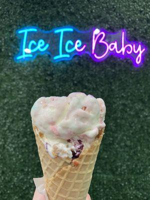 Waffle Cone with Blueberry Cheesecake & Raspberry White Chocolate Chip