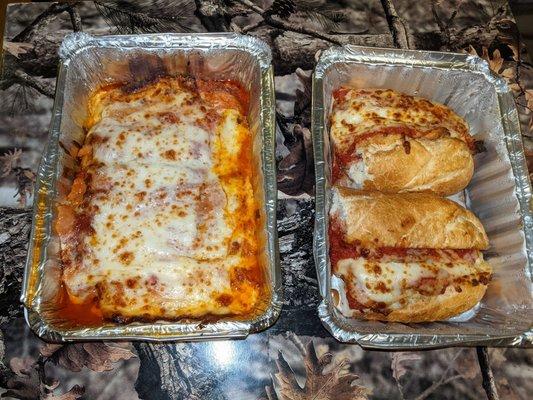 (L) lasagna, (R) chicken parmesan sub.