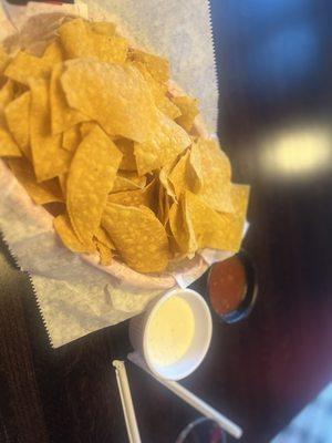 Chips and salsa and white sauce