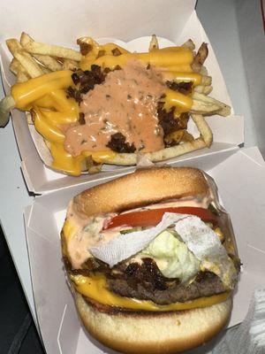 Animal style burger and fries