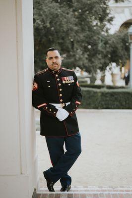 Groom at the Pasadena City Hall near the Noor event space. Proud Marine and fiance.