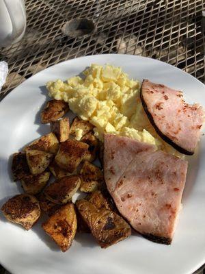 Ham, eggs, and potatoes. $10.