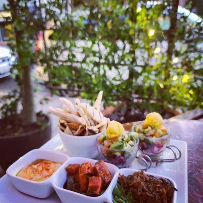 The mezze for two includes hummus( to die for), roasted eggplant, caramelized carrots and beet salad. Really really good