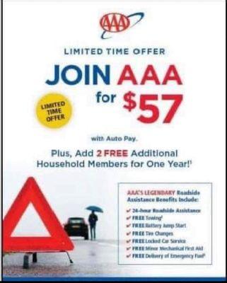 Limited time only- AAA memberships for only $57 and 2 FREE additional add Ons at no extra cost!