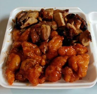 Orange chicken, bourbon chicken, and fried rice.