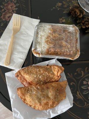 Chicken empanada, beef empanada, small plate white rice & beans