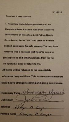 Wayne Gayer acting as a "witness" to the signing by a 95 year old stroke victim- allowing him and two women to loot her safe of valuables.